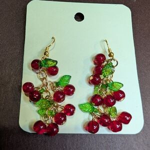 Vibrant Cherry Drop Earrings with Gold Detailing